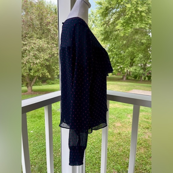 Express Sheer Navy Sleeve Blouse Hot Pink Polka Dots & Ruffle Detail - Size M - Picture 2 of 8